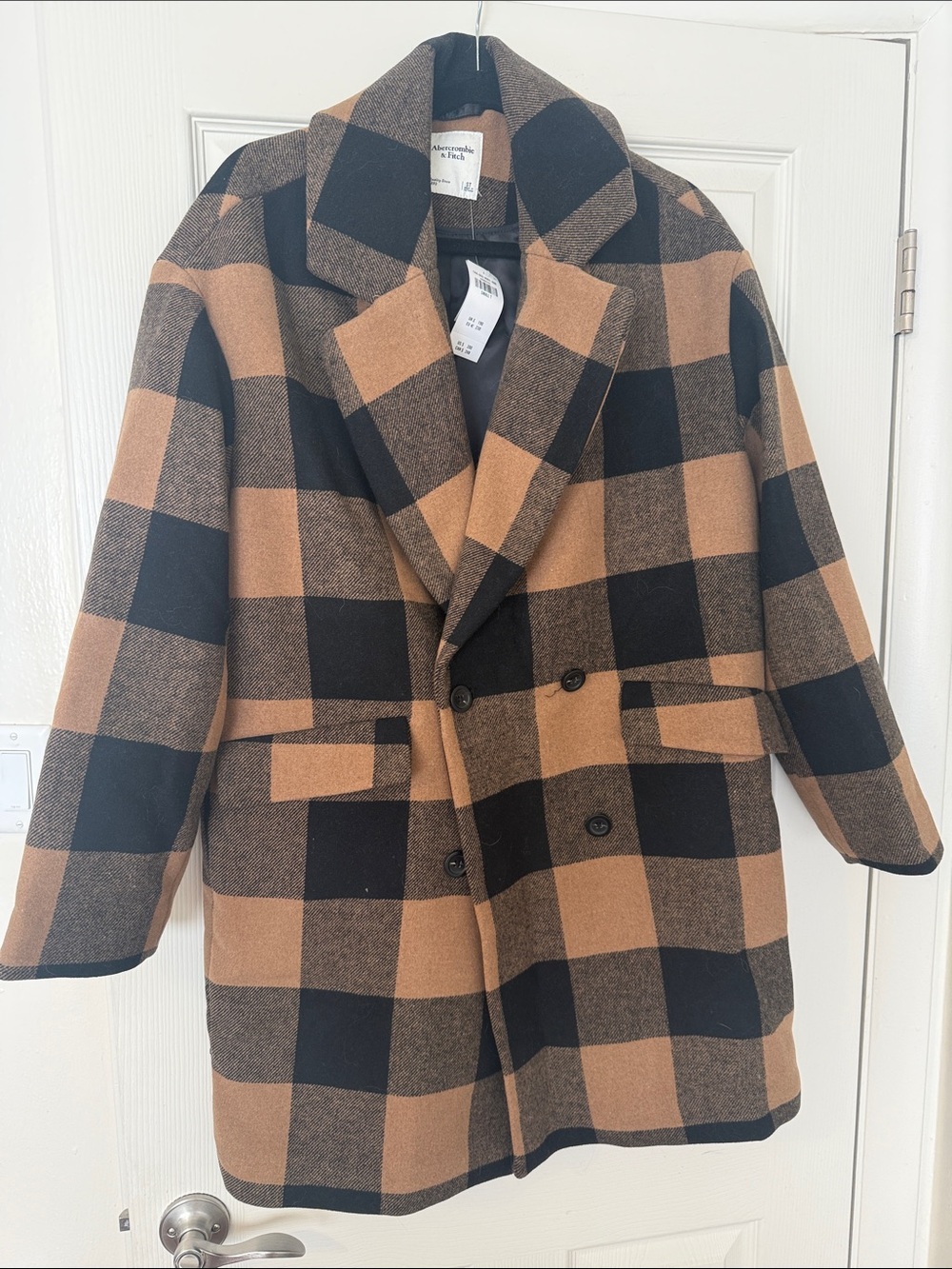 Abercrombie Black and Tan Check Double-Breasted Coat